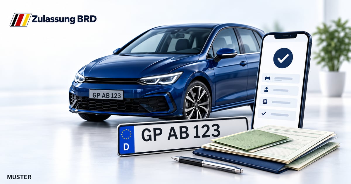 Online Fahrzeugzulassung in Eislingen/Fils: Musterkennzeichen GP AB 123, Auto und Fahrzeugpapiere und Smartphone. Illustration mit Logo von Zulassung BRD.